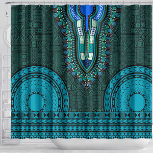 Teal Dashiki and Tapa Pattern Shower Curtain Africa-Polynesia Together Culture