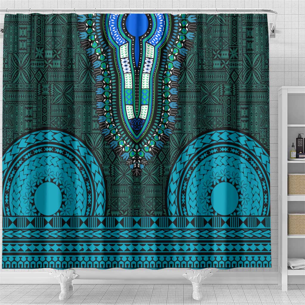 Teal Dashiki and Tapa Pattern Shower Curtain Africa-Polynesia Together Culture