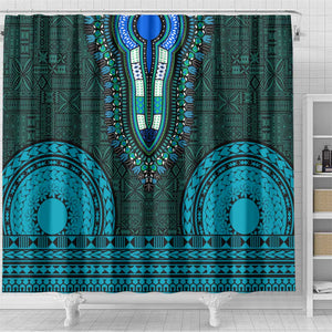 Teal Dashiki and Tapa Pattern Shower Curtain Africa-Polynesia Together Culture