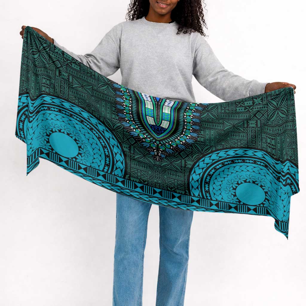 Teal Dashiki and Tapa Pattern Simple Headwrap Africa and Polynesia Together Culture