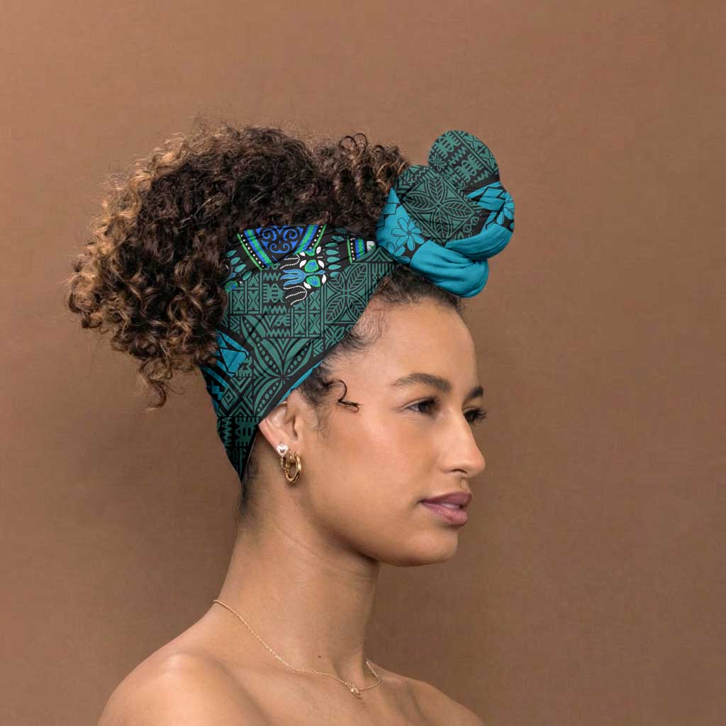 Teal Dashiki and Tapa Pattern Simple Headwrap Africa and Polynesia Together Culture