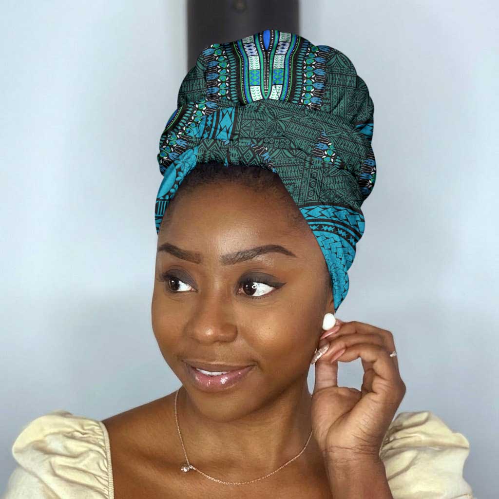 Teal Dashiki and Tapa Pattern Simple Headwrap Africa and Polynesia Together Culture