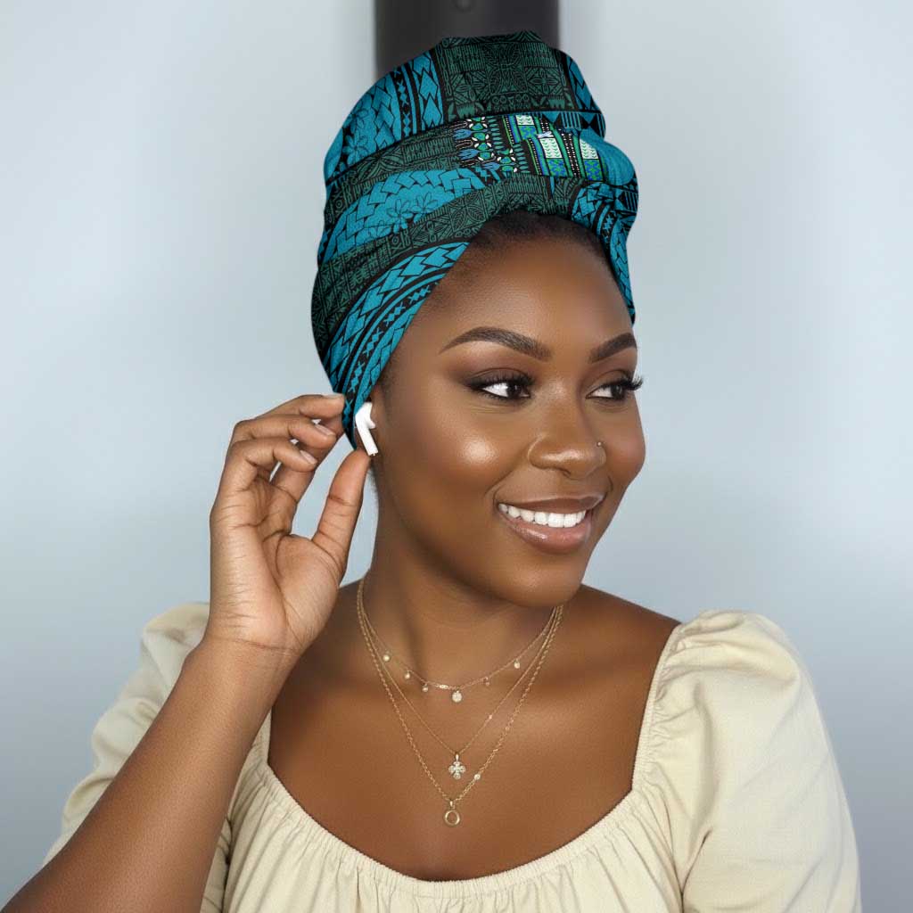 Teal Dashiki and Tapa Pattern Simple Headwrap Africa and Polynesia Together Culture
