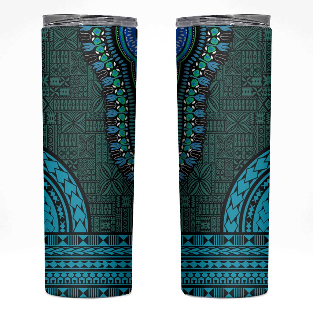 Teal Dashiki and Tapa Pattern Skinny Tumbler Africa-Polynesia Together Culture