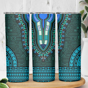 Teal Dashiki and Tapa Pattern Skinny Tumbler Africa-Polynesia Together Culture