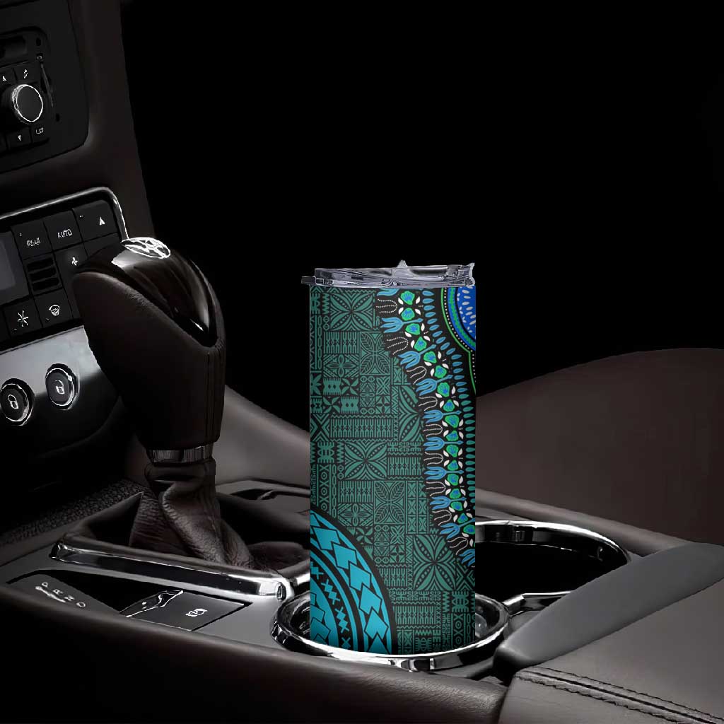 Teal Dashiki and Tapa Pattern Skinny Tumbler Africa-Polynesia Together Culture