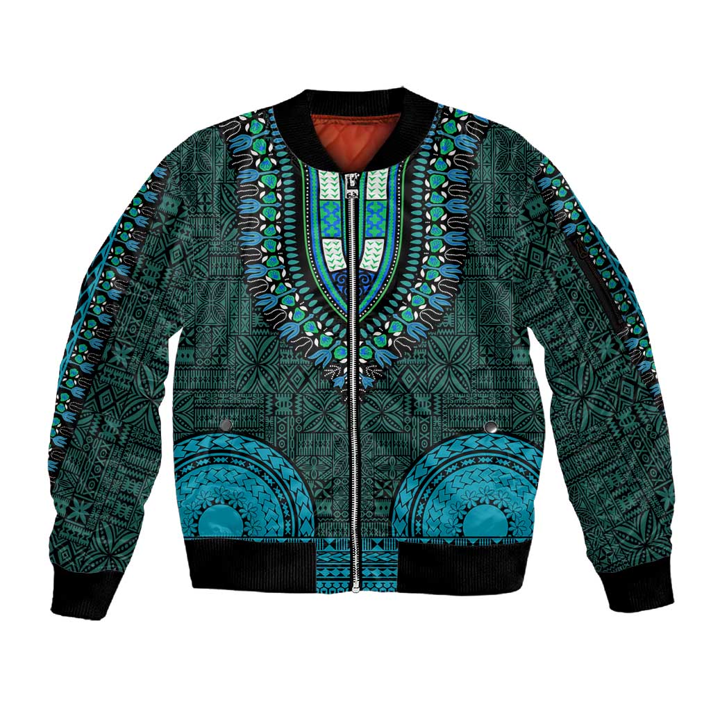 Teal Dashiki and Tapa Pattern Sleeve Zip Bomber Jacket Africa-Polynesia Together Culture