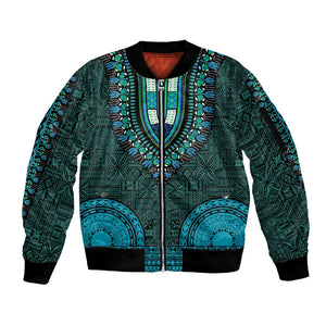 Teal Dashiki and Tapa Pattern Sleeve Zip Bomber Jacket Africa-Polynesia Together Culture