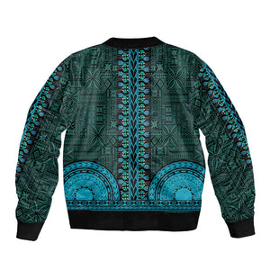 Teal Dashiki and Tapa Pattern Sleeve Zip Bomber Jacket Africa-Polynesia Together Culture