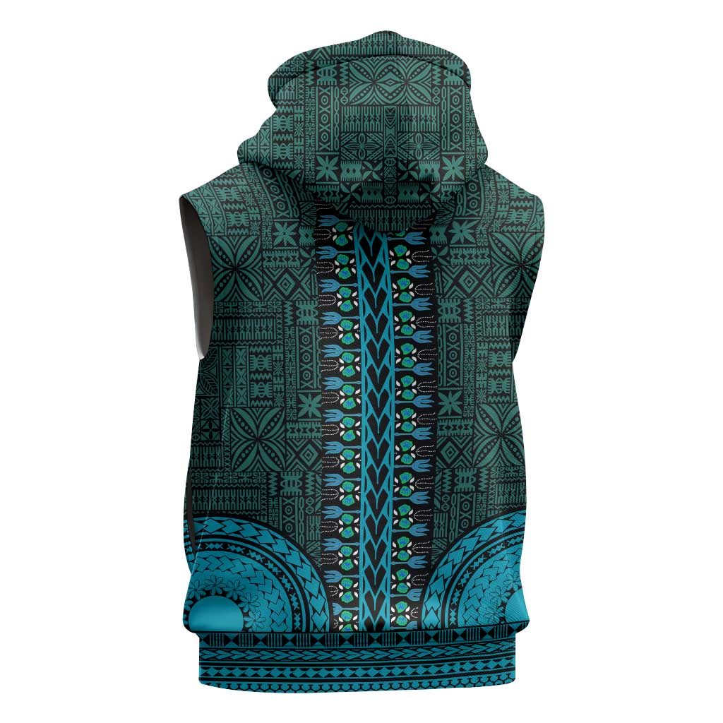 Teal Dashiki and Tapa Pattern Sleeveless Hoodie Africa-Polynesia Together Culture - African Pride
