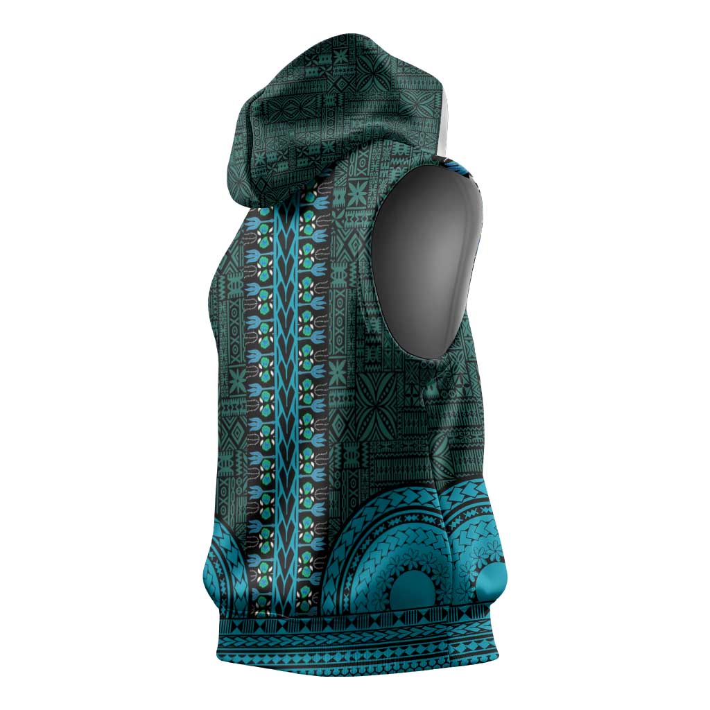Teal Dashiki and Tapa Pattern Sleeveless Hoodie Africa-Polynesia Together Culture - African Pride