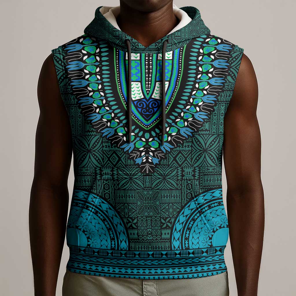 Teal Dashiki and Tapa Pattern Sleeveless Hoodie Africa-Polynesia Together Culture - African Pride