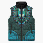 Teal Dashiki and Tapa Pattern Sleeveless Puffer Jacket Africa-Polynesia Together Culture