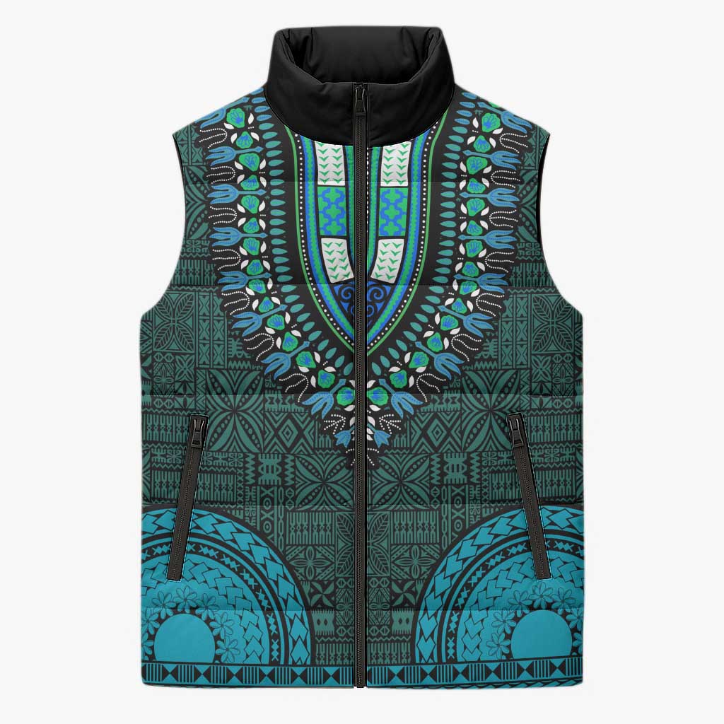 Teal Dashiki and Tapa Pattern Sleeveless Puffer Jacket Africa-Polynesia Together Culture