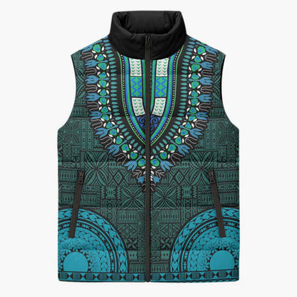 Teal Dashiki and Tapa Pattern Sleeveless Puffer Jacket Africa-Polynesia Together Culture