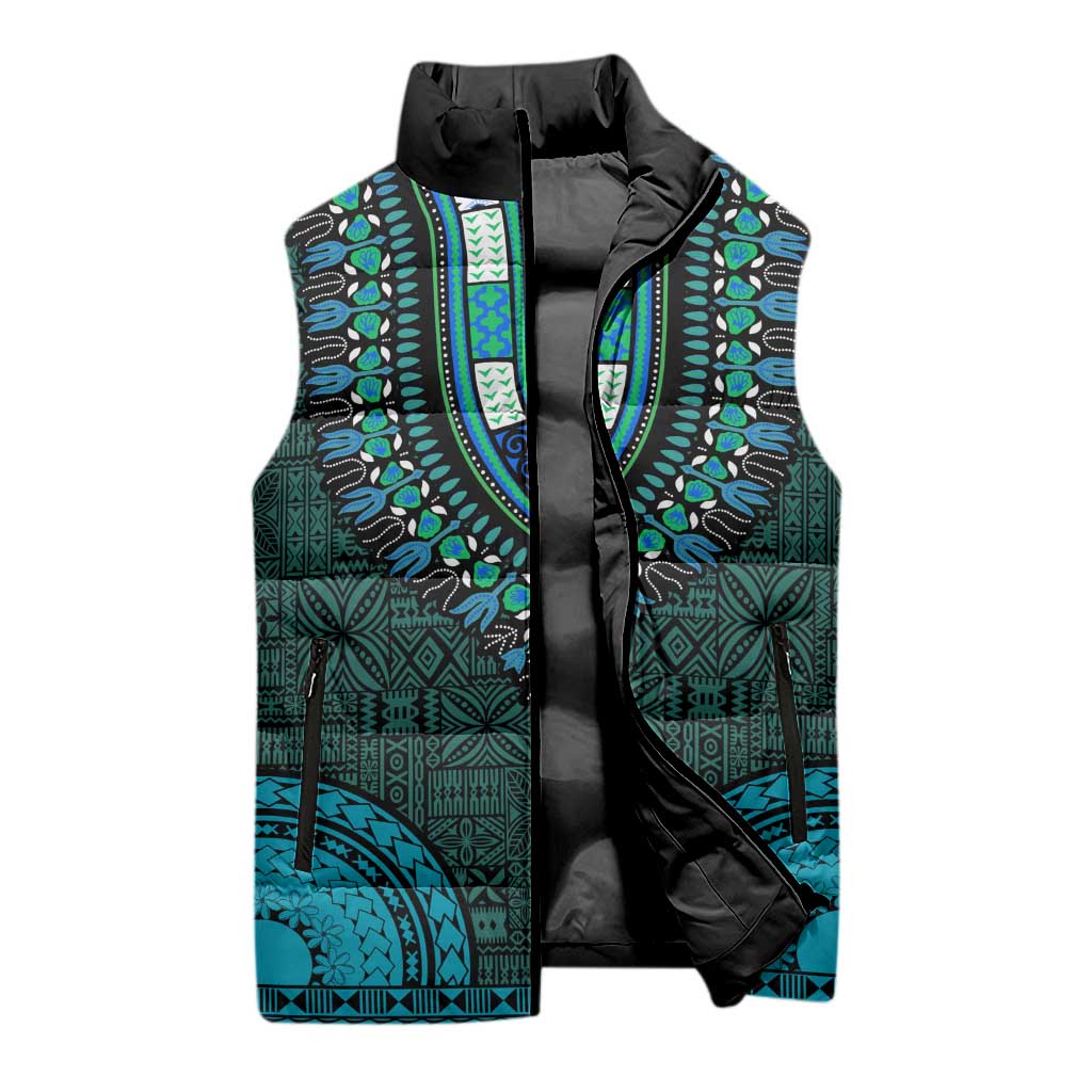 Teal Dashiki and Tapa Pattern Sleeveless Puffer Jacket Africa-Polynesia Together Culture