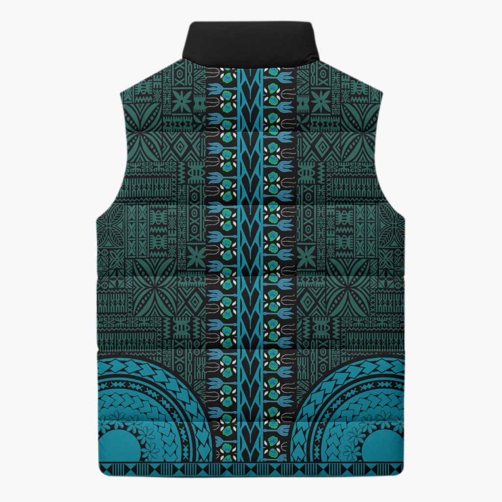 Teal Dashiki and Tapa Pattern Sleeveless Puffer Jacket Africa-Polynesia Together Culture