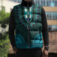 Teal Dashiki and Tapa Pattern Sleeveless Puffer Jacket Africa-Polynesia Together Culture