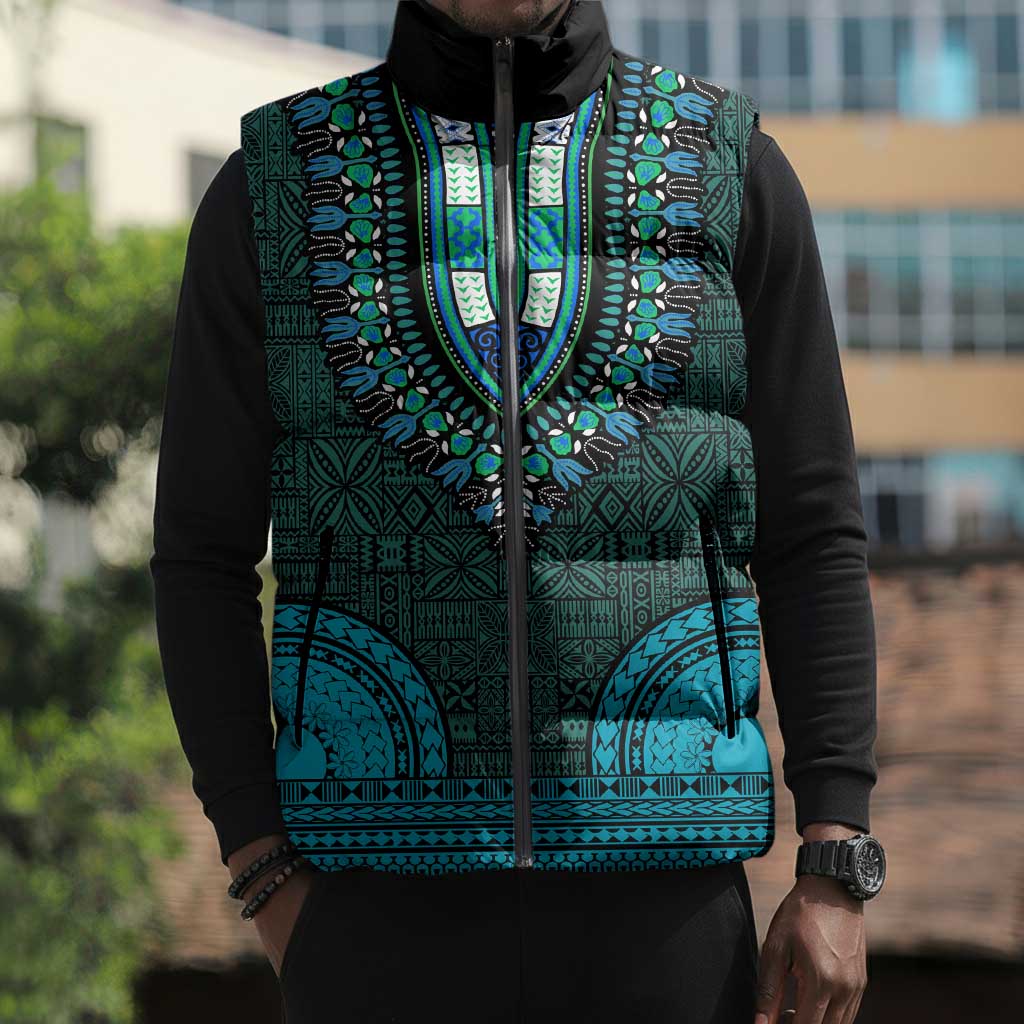 Teal Dashiki and Tapa Pattern Sleeveless Puffer Jacket Africa-Polynesia Together Culture