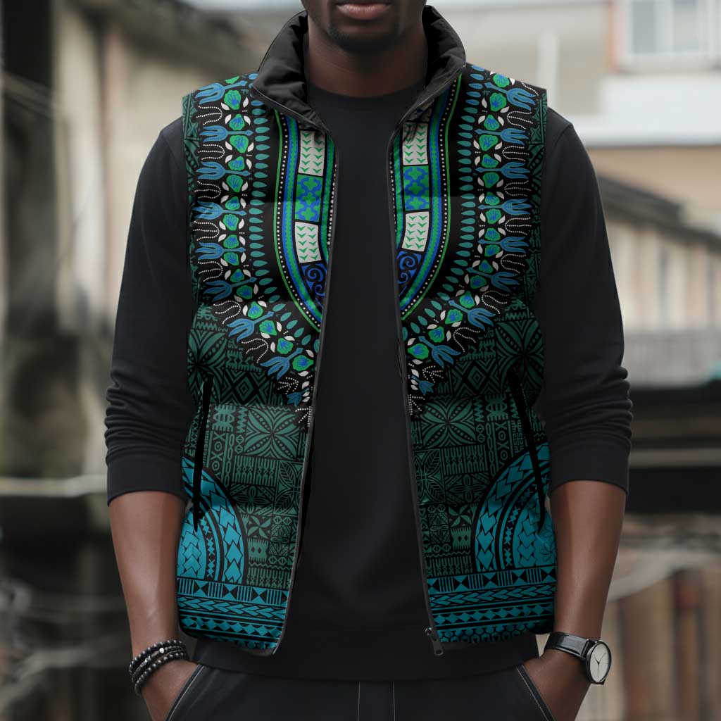 Teal Dashiki and Tapa Pattern Sleeveless Puffer Jacket Africa-Polynesia Together Culture
