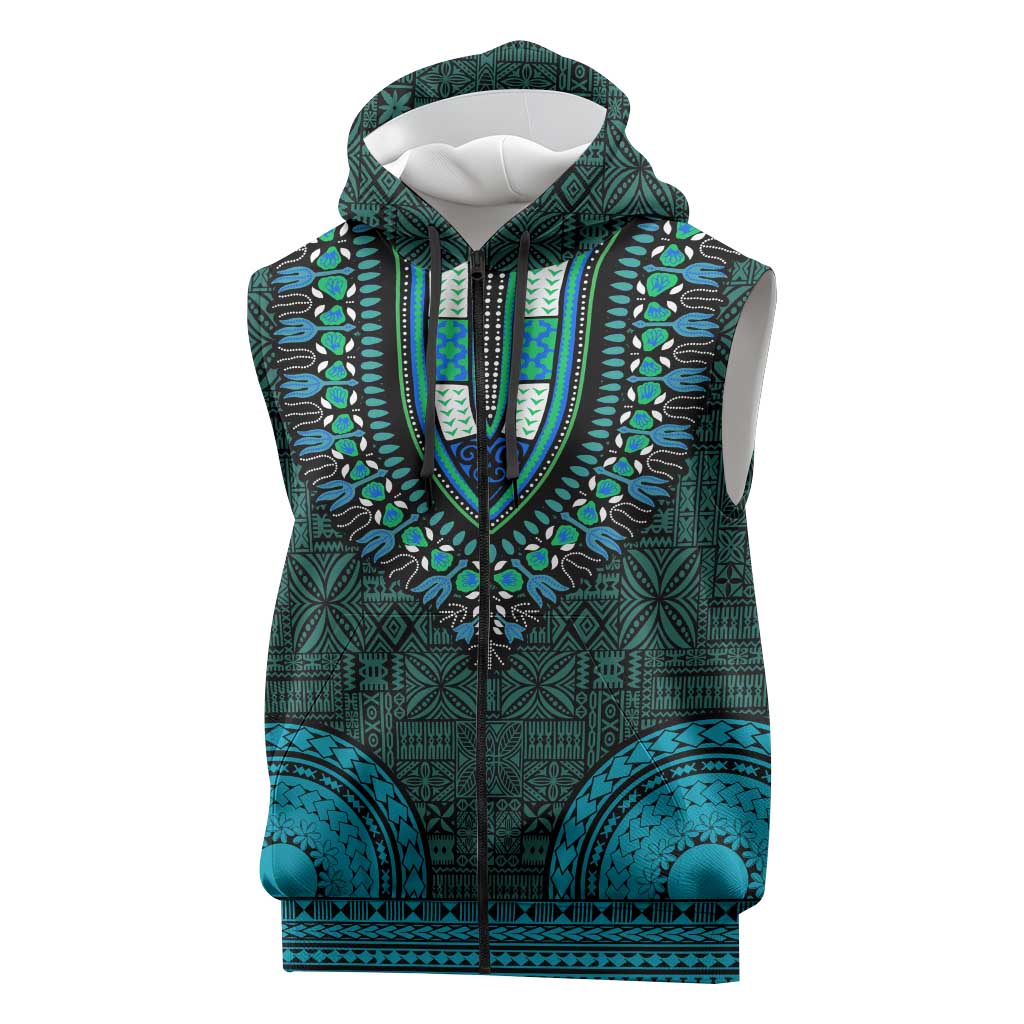 Teal Dashiki and Tapa Pattern Sleeveless Zip Hoodie Africa-Polynesia Together Culture - African Pride