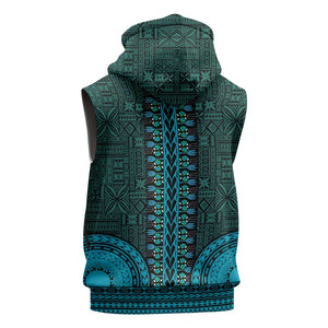 Teal Dashiki and Tapa Pattern Sleeveless Zip Hoodie Africa-Polynesia Together Culture - African Pride