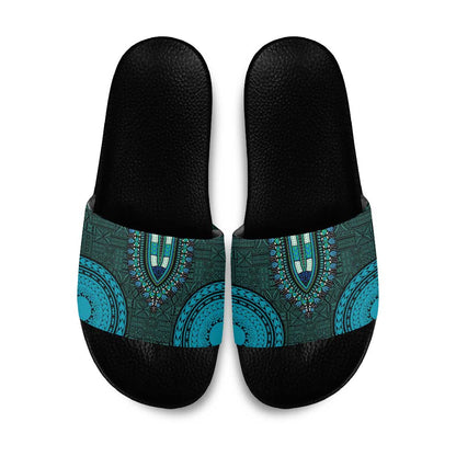 Teal Dashiki and Tapa Pattern Slide Sandals Africa-Polynesia Together Culture