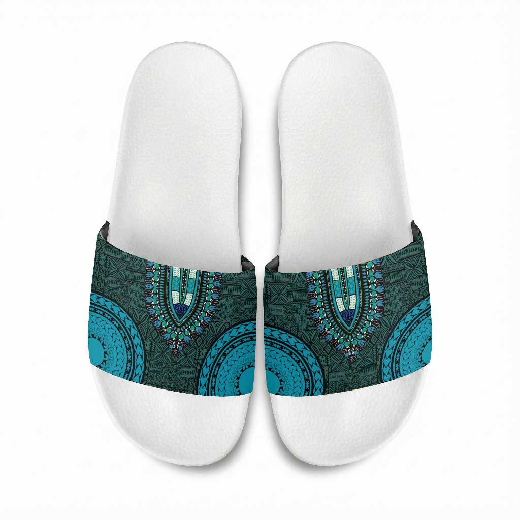 Teal Dashiki and Tapa Pattern Slide Sandals Africa-Polynesia Together Culture