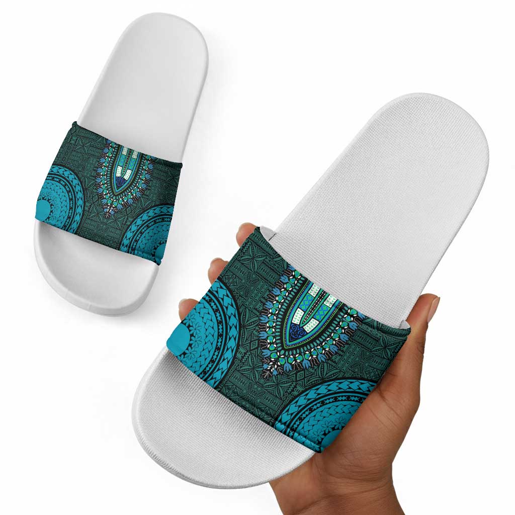 Teal Dashiki and Tapa Pattern Slide Sandals Africa-Polynesia Together Culture