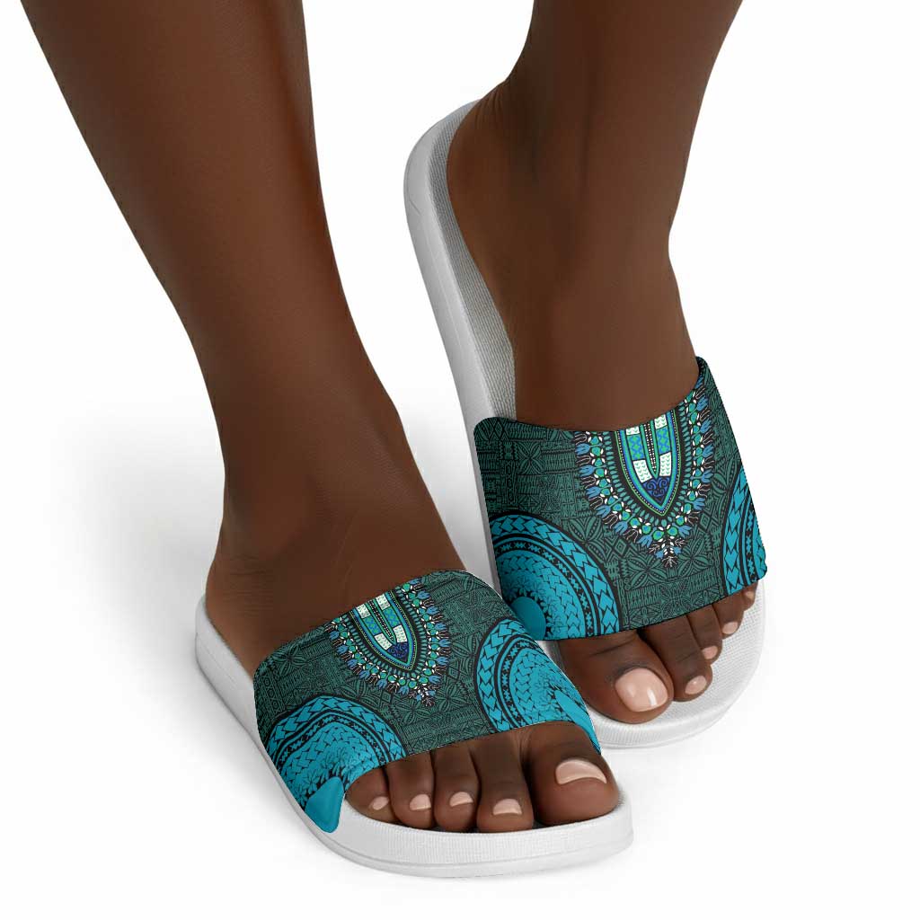 Teal Dashiki and Tapa Pattern Slide Sandals Africa-Polynesia Together Culture