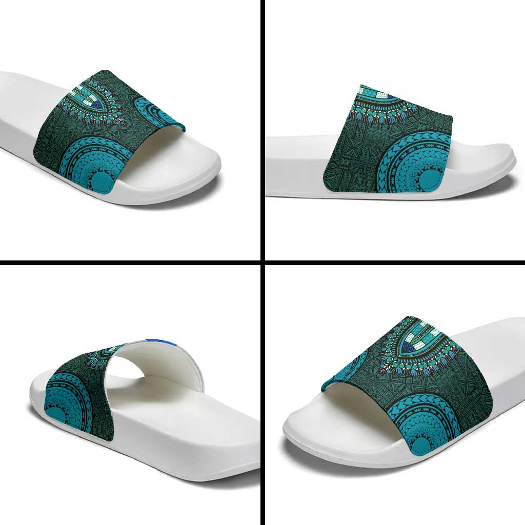 Teal Dashiki and Tapa Pattern Slide Sandals Africa-Polynesia Together Culture