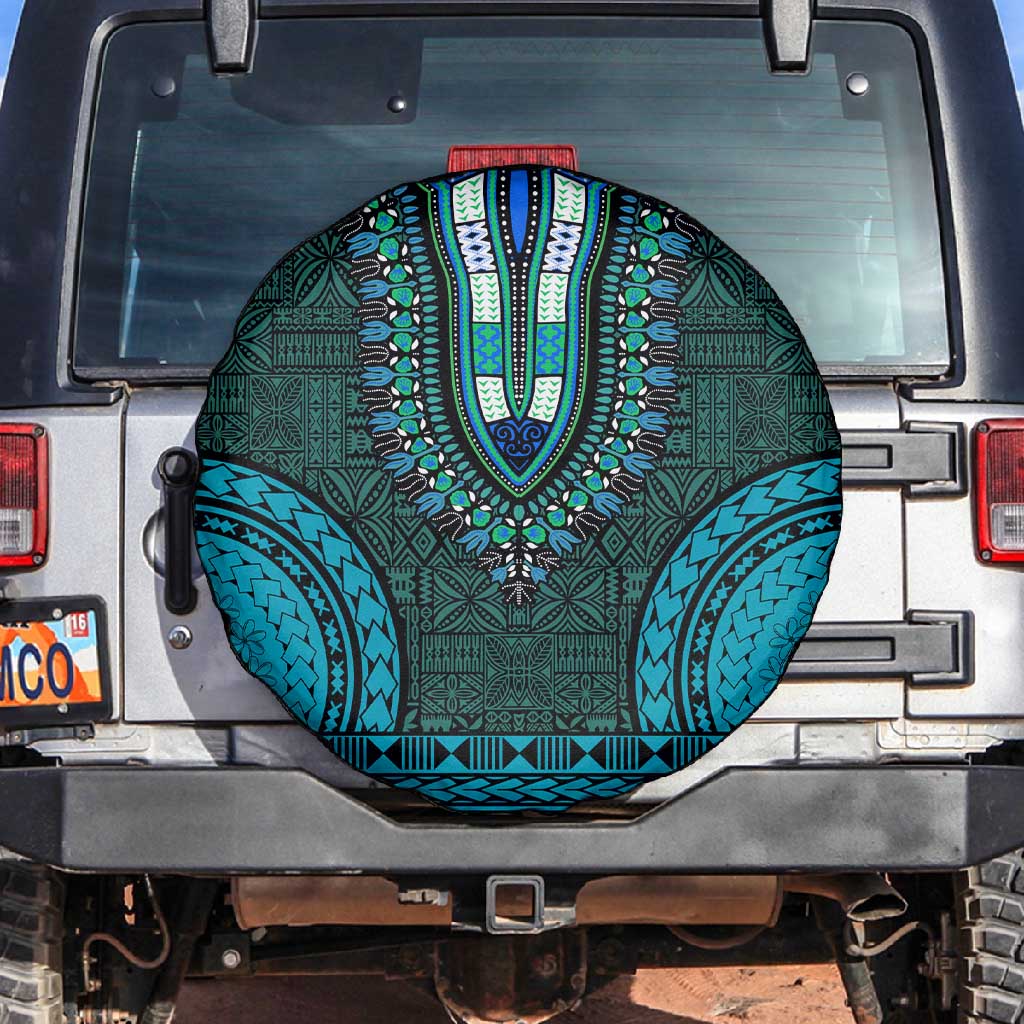 Teal Dashiki and Tapa Pattern Spare Tire Cover Africa-Polynesia Together Culture