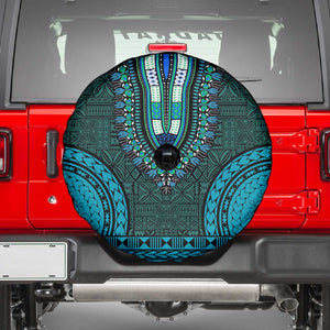 Teal Dashiki and Tapa Pattern Spare Tire Cover Africa-Polynesia Together Culture