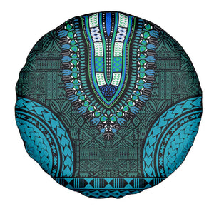 Teal Dashiki and Tapa Pattern Spare Tire Cover Africa-Polynesia Together Culture