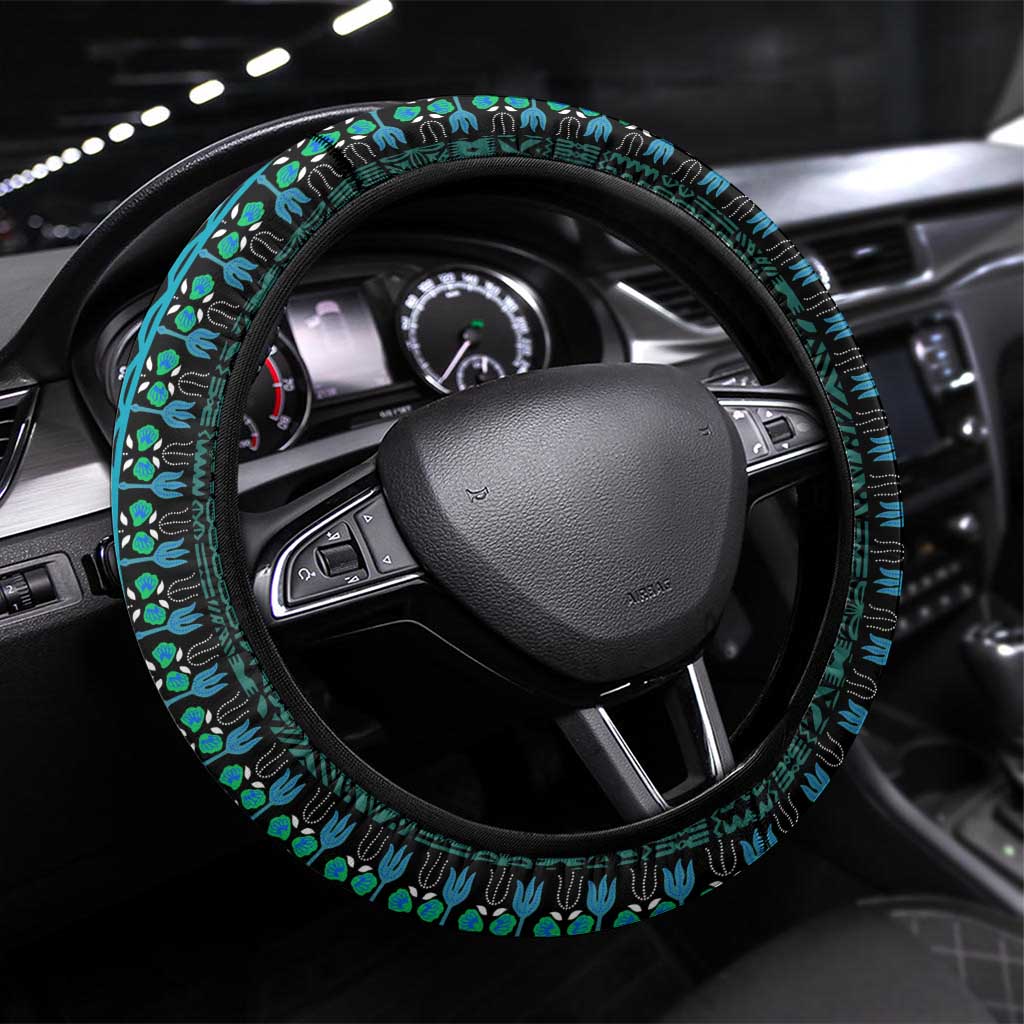 Teal Dashiki and Tapa Pattern Steering Wheel Cover Africa-Polynesia Together Culture