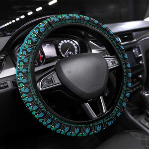 Teal Dashiki and Tapa Pattern Steering Wheel Cover Africa-Polynesia Together Culture