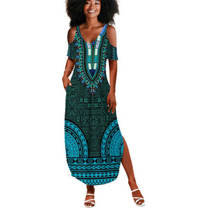 Teal Dashiki and Tapa Pattern Summer Maxi Dress Africa-Polynesia Together Culture