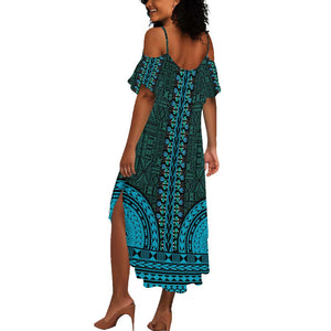 Teal Dashiki and Tapa Pattern Summer Maxi Dress Africa-Polynesia Together Culture