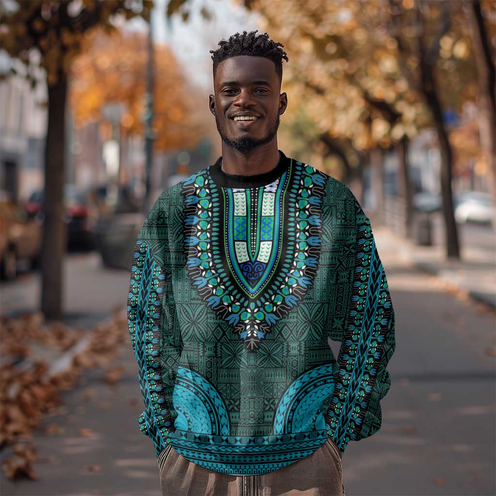 Teal Dashiki and Tapa Pattern Sweatshirt Africa-Polynesia Together Culture