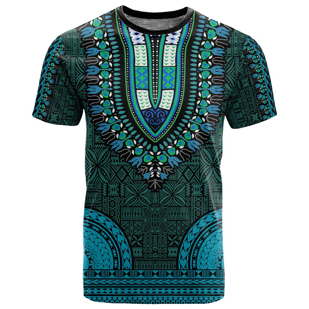 Teal Dashiki and Tapa Pattern T shirt Africa-Polynesia Together Culture