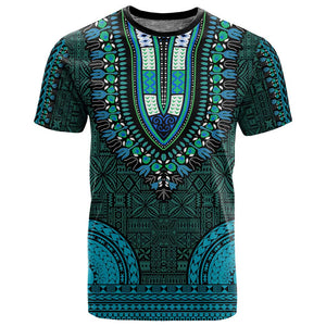 Teal Dashiki and Tapa Pattern T shirt Africa-Polynesia Together Culture