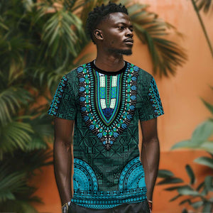 Teal Dashiki and Tapa Pattern T shirt Africa-Polynesia Together Culture