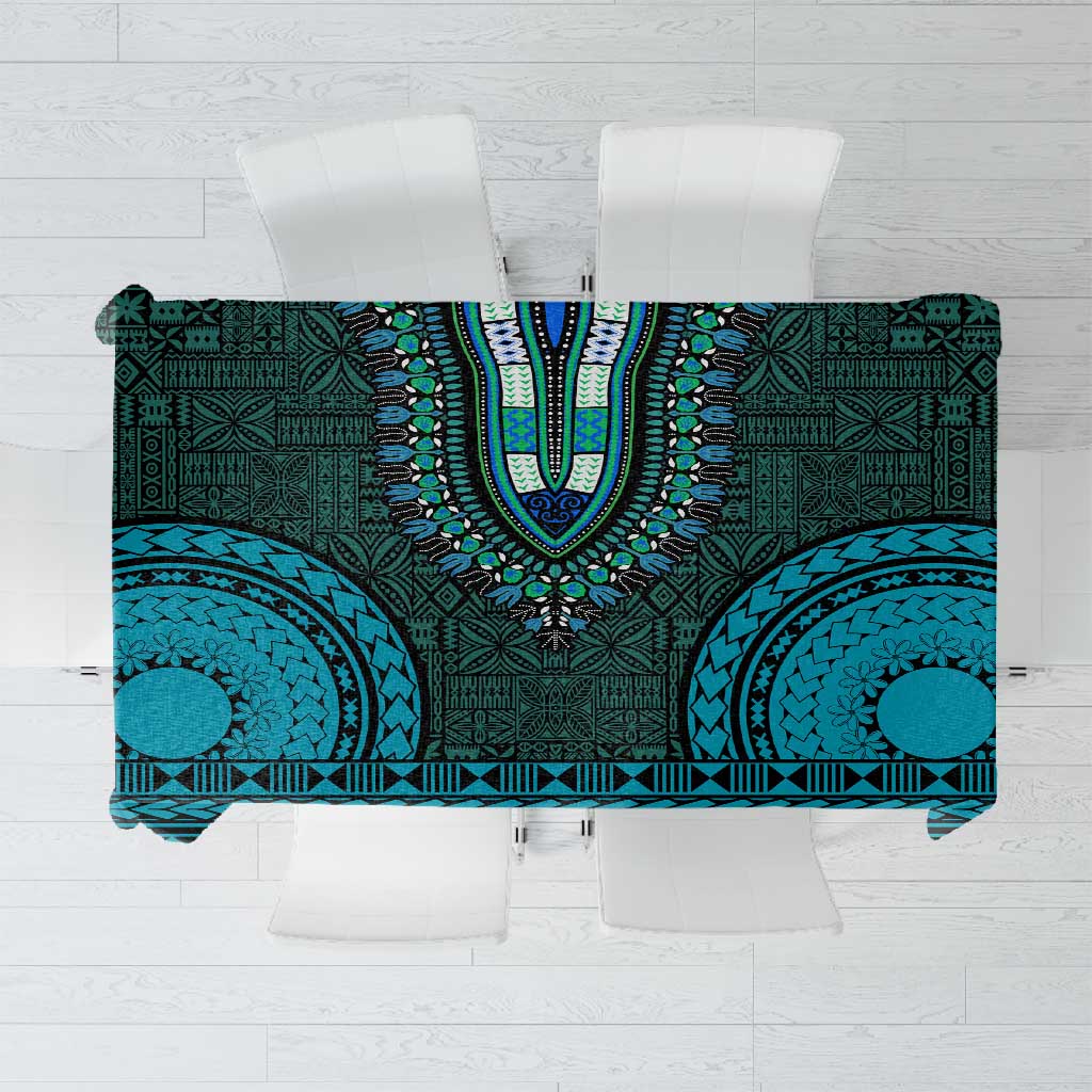 Teal Dashiki and Tapa Pattern Tablecloth Africa-Polynesia Together Culture