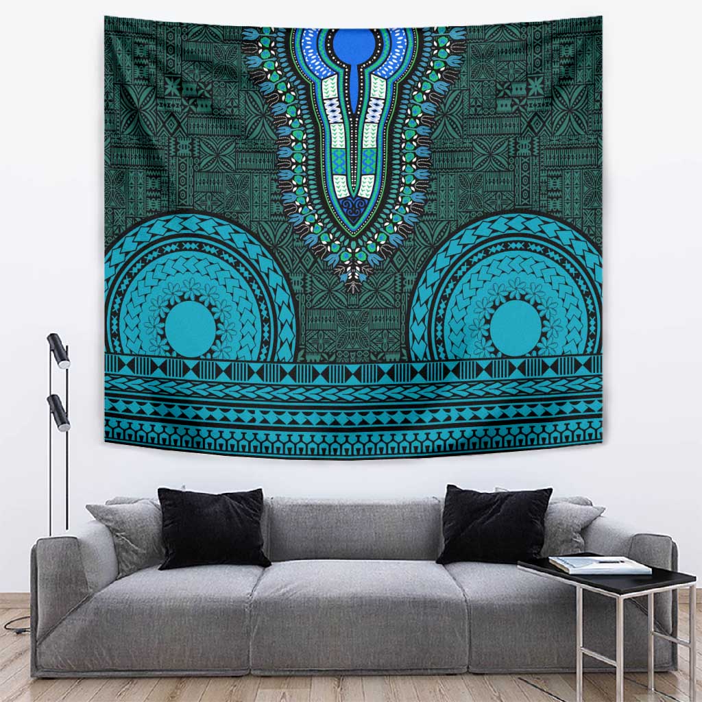 Teal Dashiki and Tapa Pattern Tapestry Africa-Polynesia Together Culture