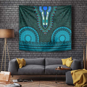 Teal Dashiki and Tapa Pattern Tapestry Africa-Polynesia Together Culture