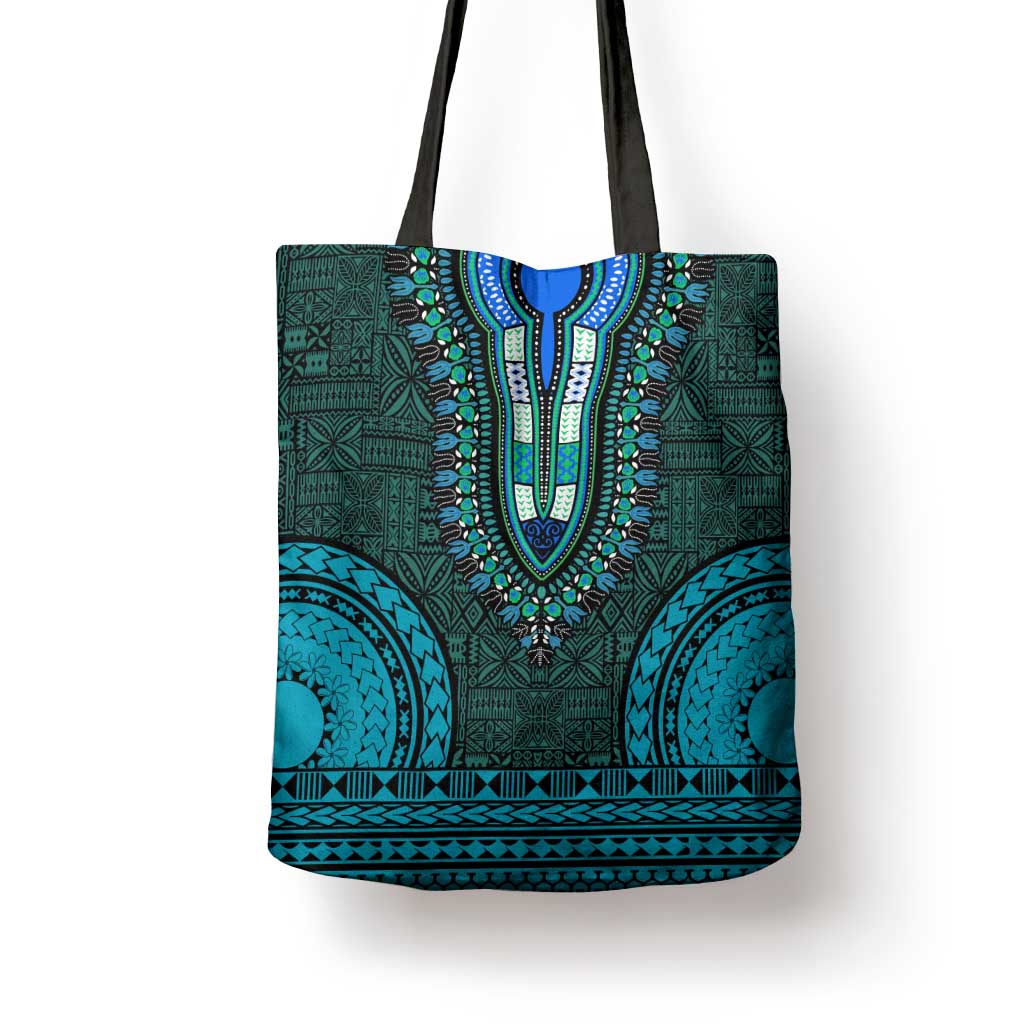 Teal Dashiki and Tapa Pattern Tote Bag Africa-Polynesia Together Culture