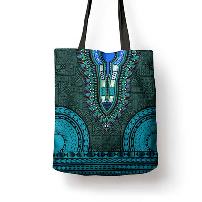 Teal Dashiki and Tapa Pattern Tote Bag Africa-Polynesia Together Culture