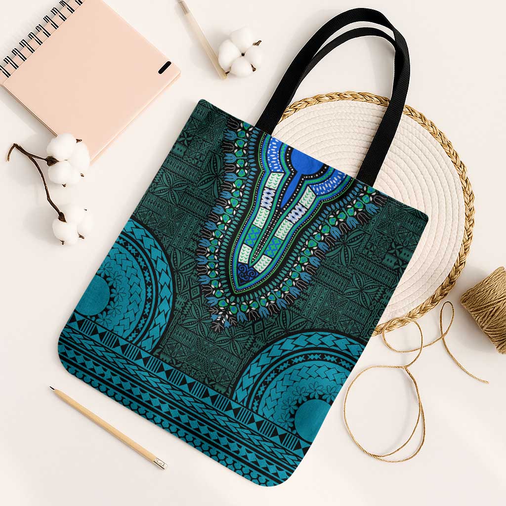 Teal Dashiki and Tapa Pattern Tote Bag Africa-Polynesia Together Culture
