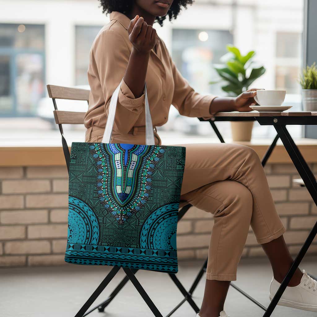 Teal Dashiki and Tapa Pattern Tote Bag Africa-Polynesia Together Culture
