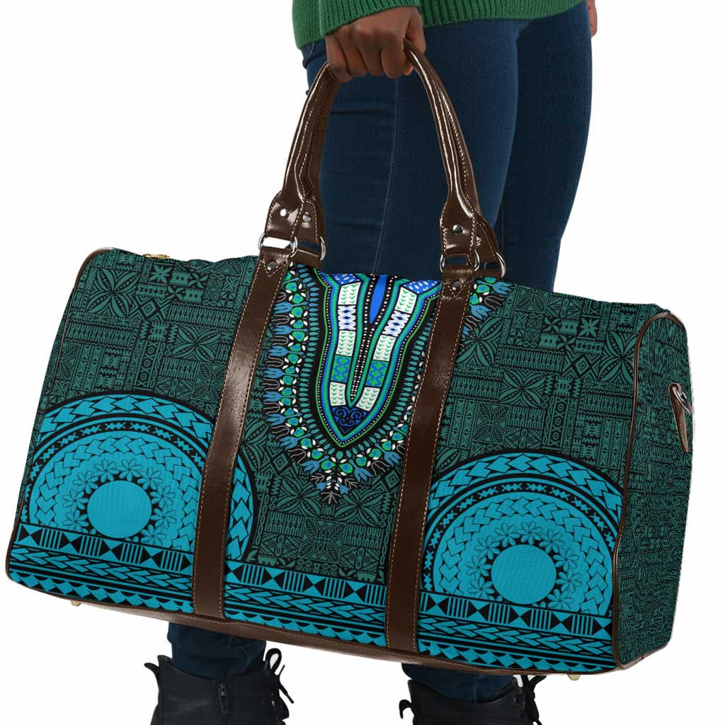 Teal Dashiki and Tapa Pattern Travel Bag Africa-Polynesia Together Culture